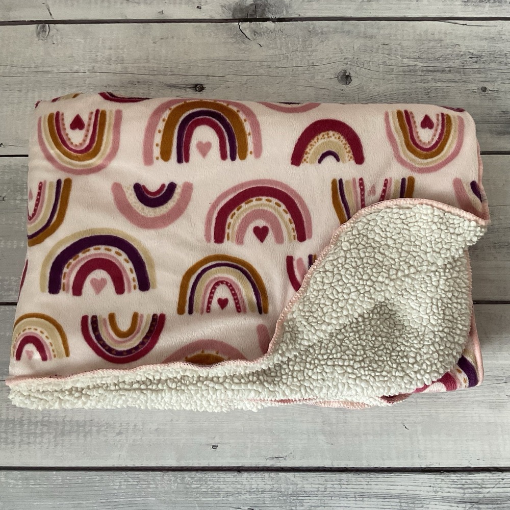 Kyle & Deena Rainbow Baby Blanket Plush Fleece‎ Sherpa Back Pink Purple Yellow